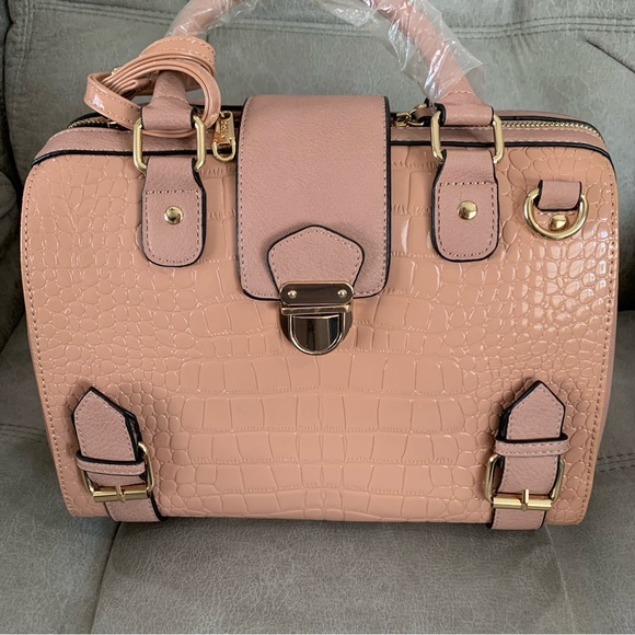 Dasein Handbags - Peach Structured Satchel with Gold Accents